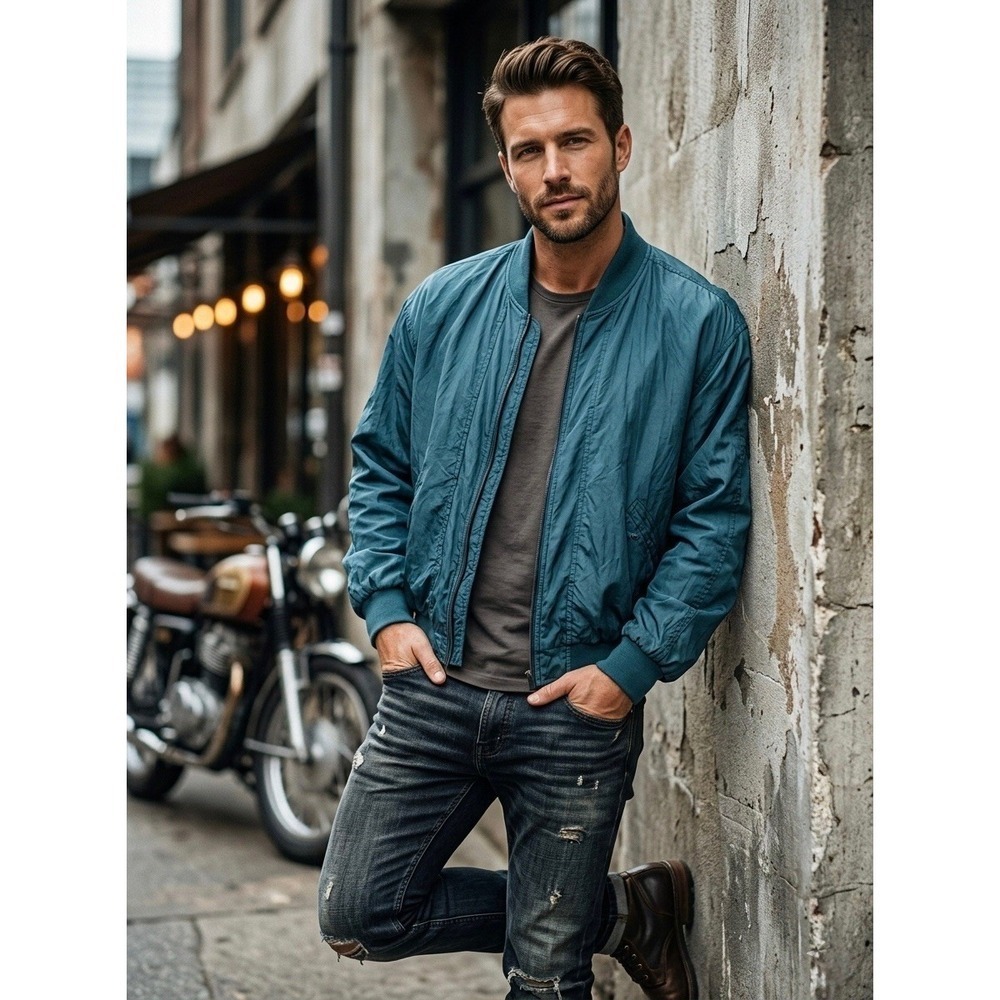 Camel Shop Travel-Line Silk Bomber Jacket Mens Small Teal Blue Vintage Full Zip